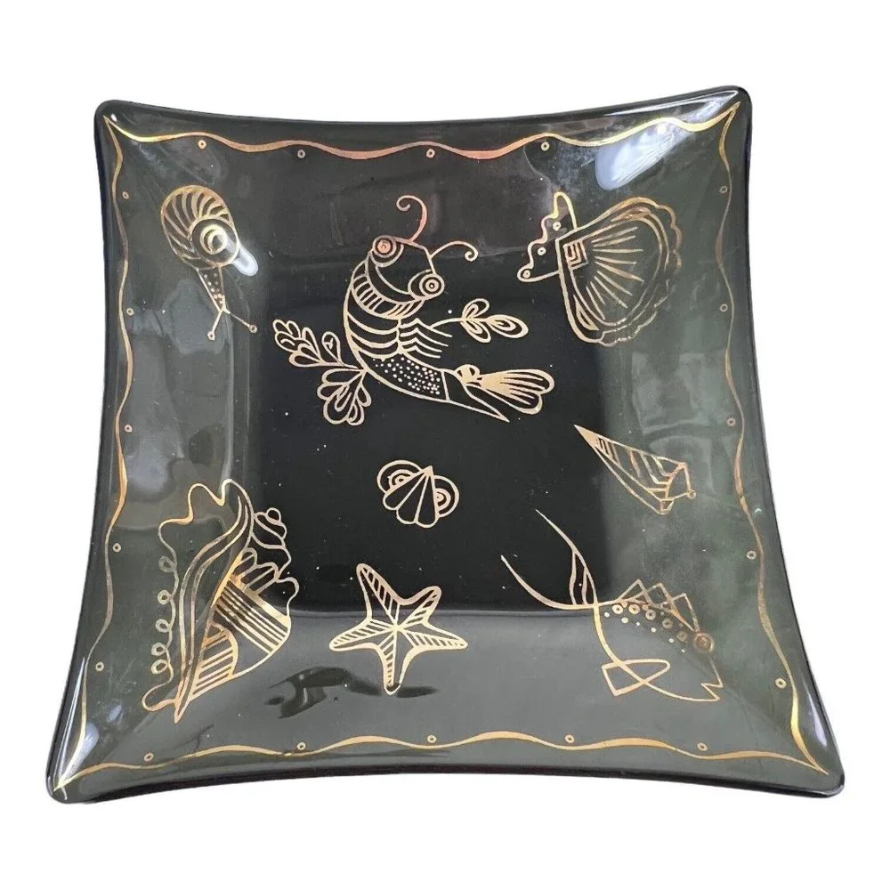 2 Tier Black Glass Tray Dish Gold Sea Creatures‎ Candle Holder MCM Chip Dip VTG